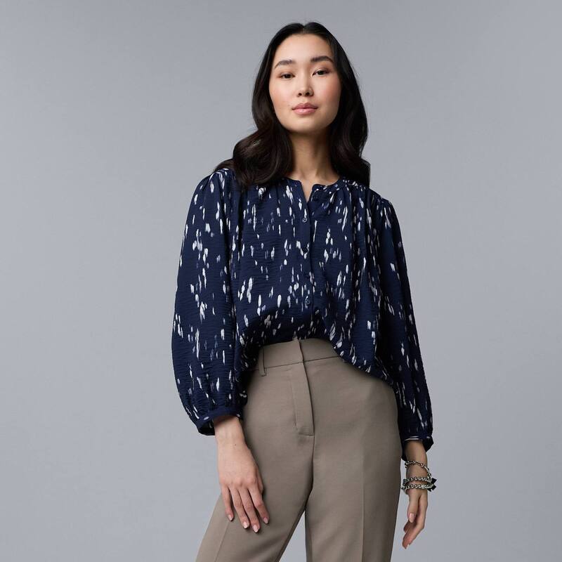 ヴェラウォン レディース トップス シャツ バルーンスリーブ プチ Petite Simply Vera Wang Shirred Balloon Sleeve Shirt Navy Texture Drops ネイビー