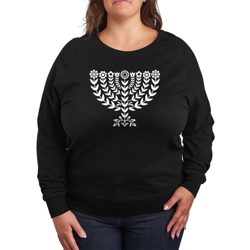 アニメキャラクター レディース トップス Tシャツ プラスサイズ パイル フラワー Licensed Character Plusize Women's Hanukkah Menorah Florals French Terry Long Sleeve Tee Black ブラック