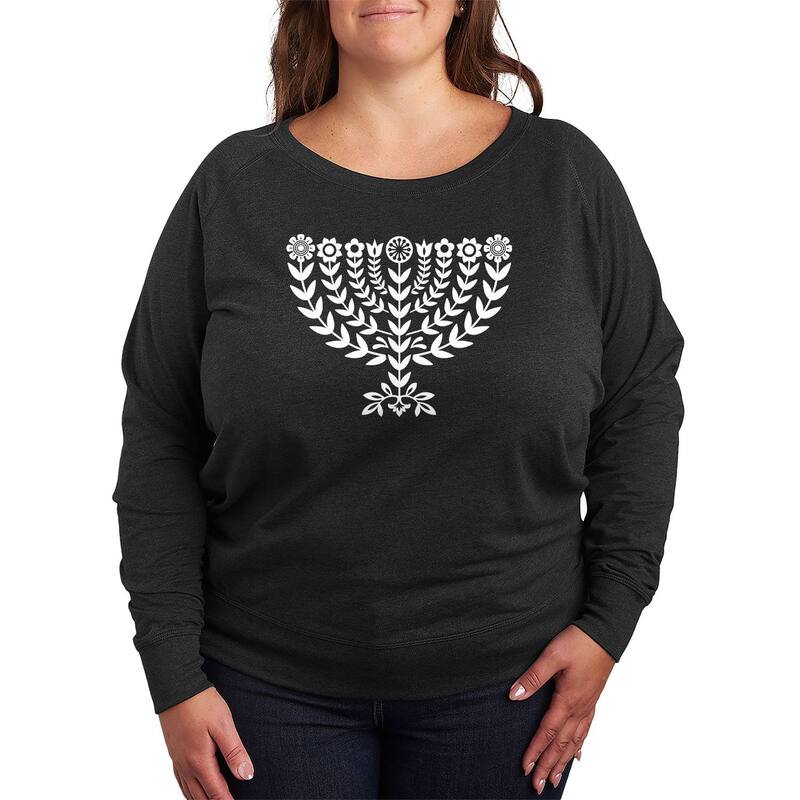 アニメキャラクター レディース トップス Tシャツ プラスサイズ パイル フラワー Licensed Character Plusize Women's Hanukkah Menorah Florals French Terry Long Sleeve Tee Heather Charcoal チャコール