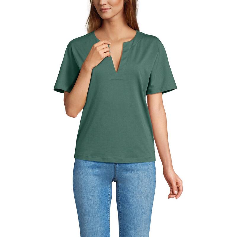 ランズエンド レディース トップス Tシャツ Women's Lands' End Short Sleeve Supima Notch Neck T-shirt Washed Evergreen