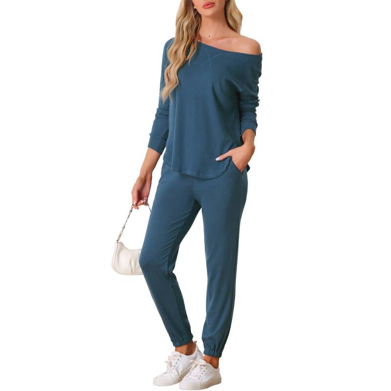 cheibear レディース アンダーウェア ナイトウェア ニット cheibear Womens Pajama Set Long Sleeve Knit Round Neck Loungwear Set Blue ブルー