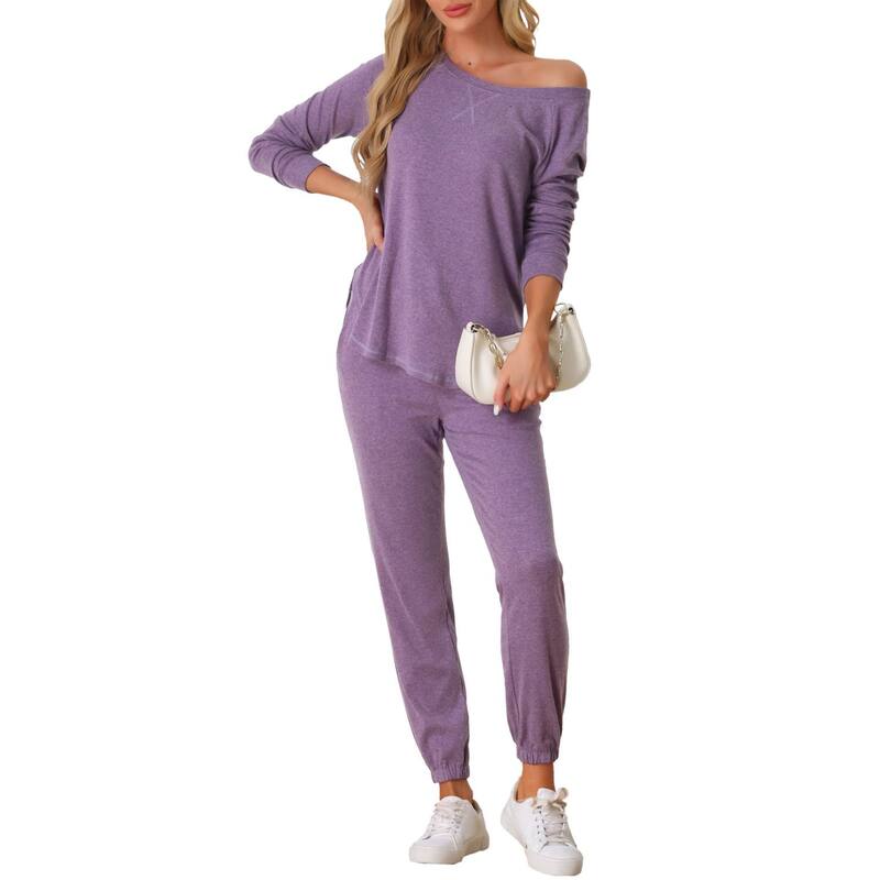 cheibear レディース アンダーウェア ナイトウェア ニット cheibear Womens Pajama Set Long Sleeve Knit Round Neck Loungwear Set Purple パープル