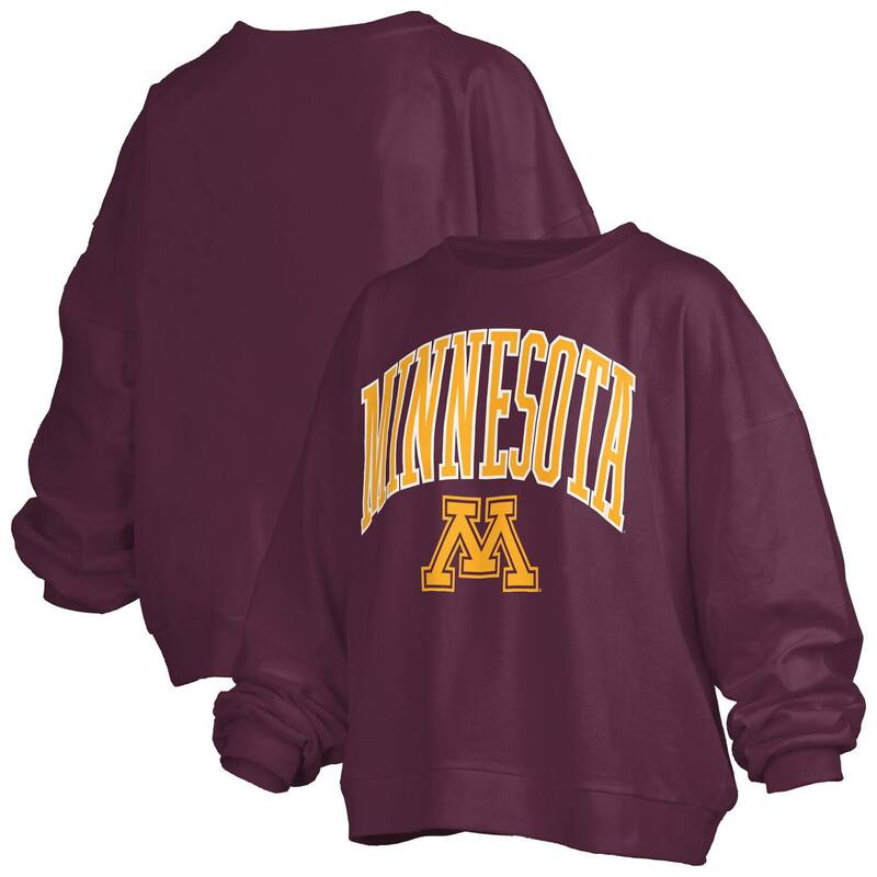 押し付けるボックス席 レディース トップス プルオーバー 流汗 ロゴタイプ Women\u0027s Pressbox Maroon Minnesota Golden Gophers Janise Arch Over Logo Waist Length Oversized Pullover Sweatshirt Min Red 赤いこと