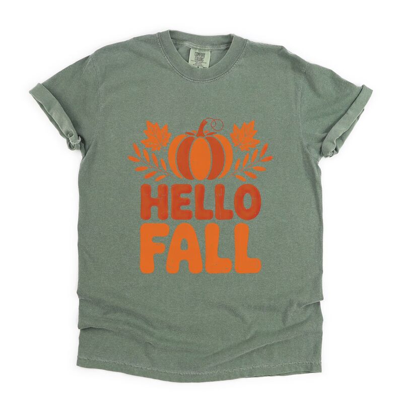 Simply Sage Market レディース トップス ティーシャツ Simply Sage Market Hello Fall Pumpkin Distressed - Garment Dyed Tee Moss Tシャツ・カットソー-トップス-レディースファッション