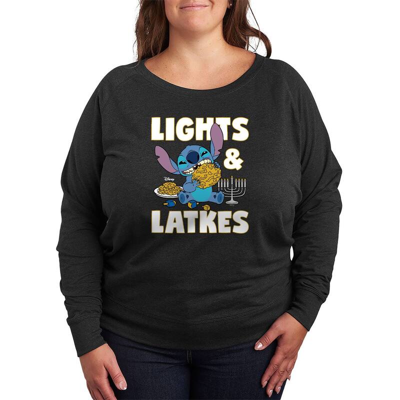 ディズニー レディース トップス Tシャツ プラスサイズ パイル Plusize Disney's Lilo & Stitch Lights & Latkes French Terry Long Sleeve Tee Heather Charcoal チャコール