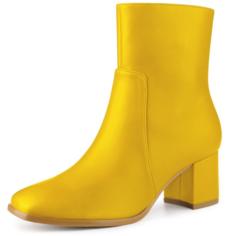 アレグラ ケー レディース シューズ ブーツ・レインブーツ アンクル ヒール ALLEGRA K Women'square Toe Side Zip Block Heel Ankle Boots Yellow イエロー｜ReVida 店