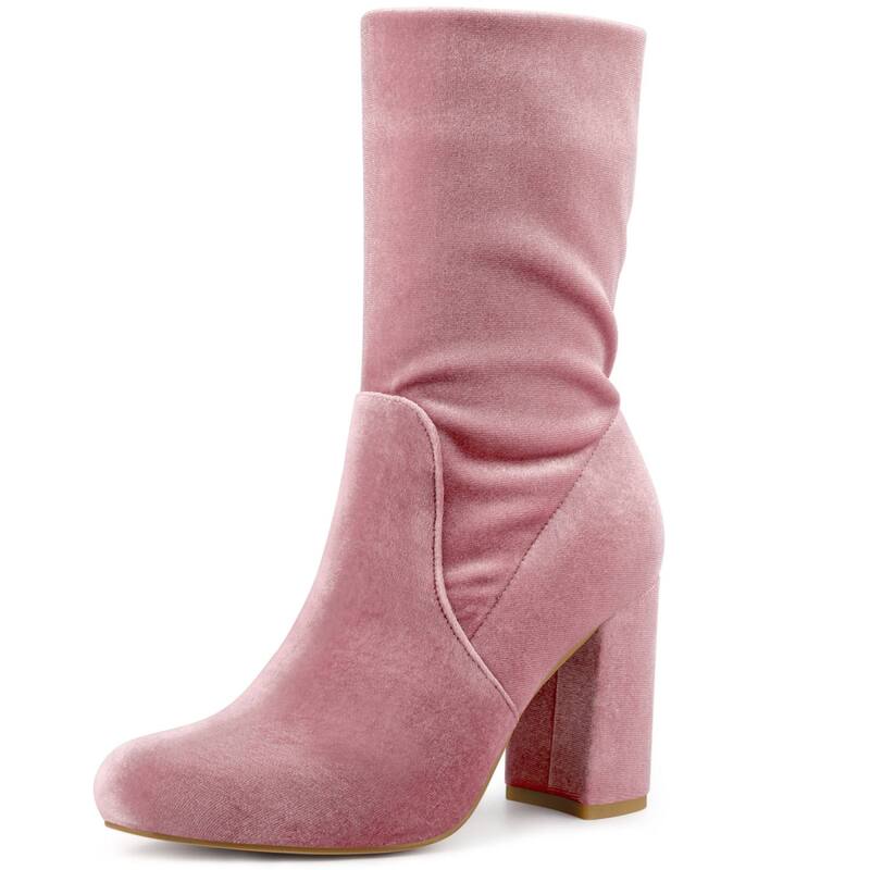 アレグラ ケー レディース シューズ ブーツ・レインブーツ ベルベット ヒール ALLEGRA K Women's Velvet Round Toe Block Heels Foldable Mid Calf Boots Pink ピンク|ReVida 店
