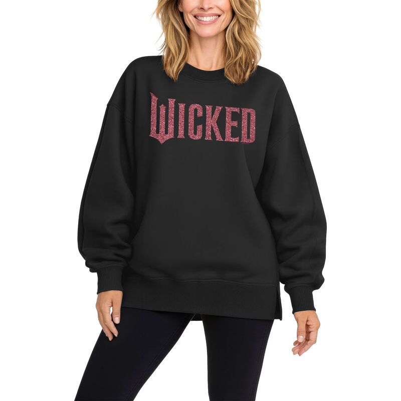 アニメキャラクター レディース トップス Tシャツ スウェット ロゴ フリース Licensed Character Women's Wicked Pink Glitter Logoversized Fleece Crew Sweatshirt Black ブラック