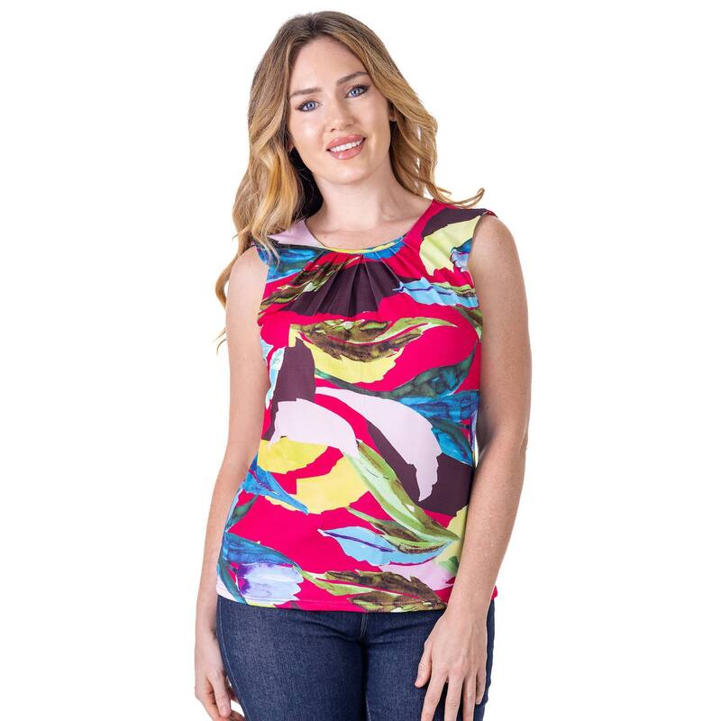 24 セブンコンフォート レディース トップス Tシャツ プリーツ ノースリーブ Women's 24Seven Comfort Apparel Pleated Crew Neckline Back Closure Sleeveless Topink Multi ピンク