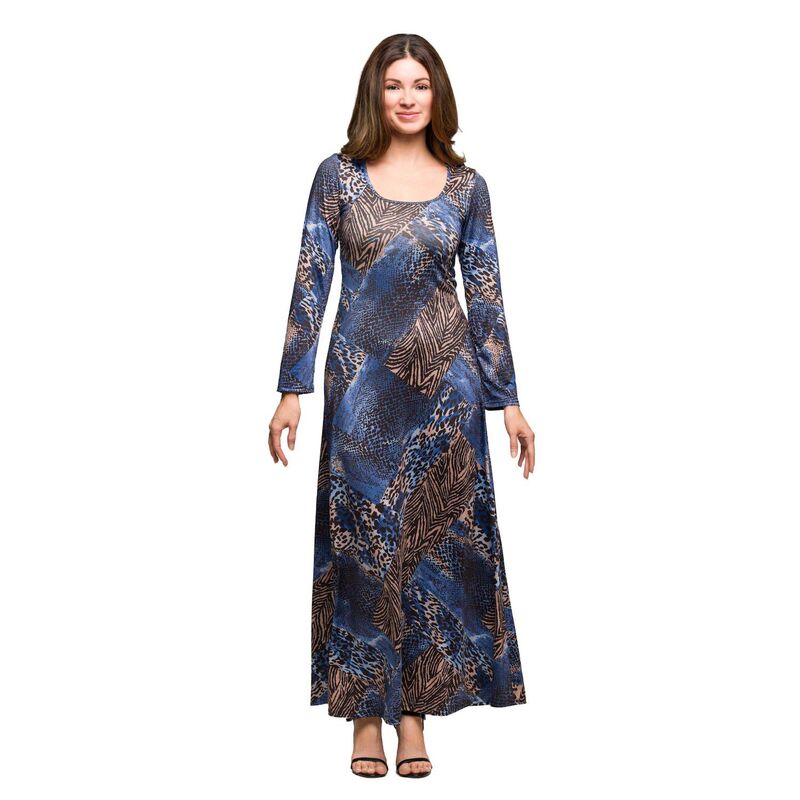 24 セブンコンフォート レディース トップス ワンピース マキシ Women's 24Seven Comfort Apparelong Sleeve Scoop Neck Maxi Dress Blue Multi ブルー｜ReVida 店
