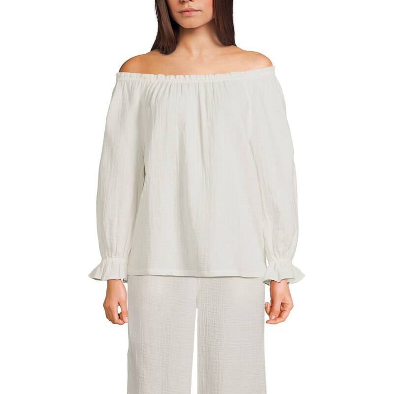 ランズエンド レディース トップス シャツ ブラウス Women's Lands' End Gauze 3/4-Sleeve Off Shoulder Blouse Ivory アイボリー｜ReVida 店
