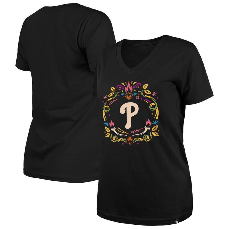 ニューエラ レディース トップス Tシャツ Vネック Women's New Era Black Philadelphia Phillies Da de los Muertos V-Neck T-Shirt Phl Black ブラック