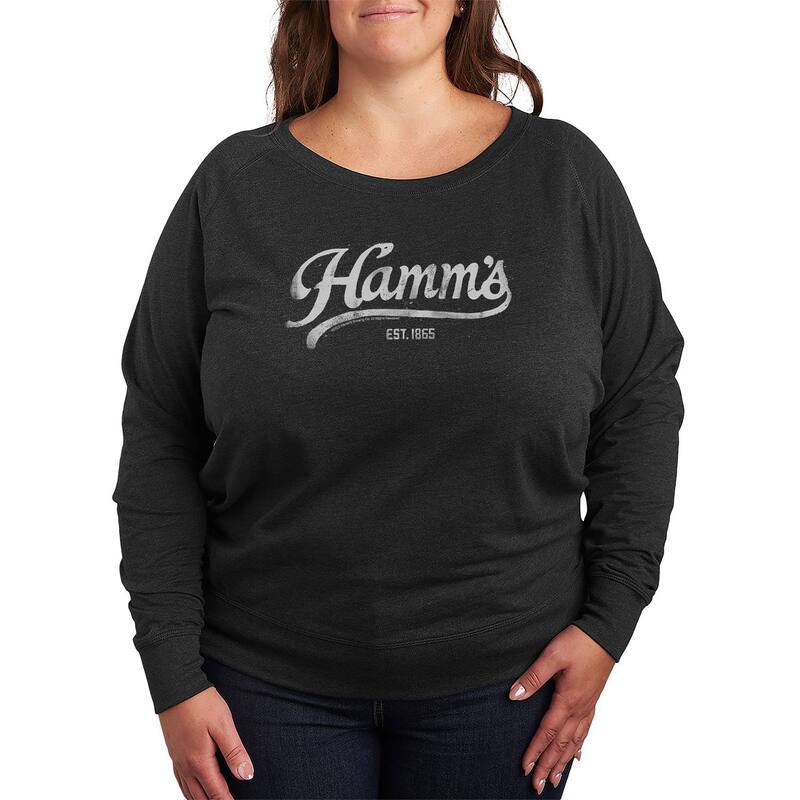 アニメキャラクター レディース トップス Tシャツ プラスサイズ パイル ロゴ Licensed Character Plusize Hamm's Logo Distressed French Terry Long Sleeve Tee Heather Charcoal チャコール