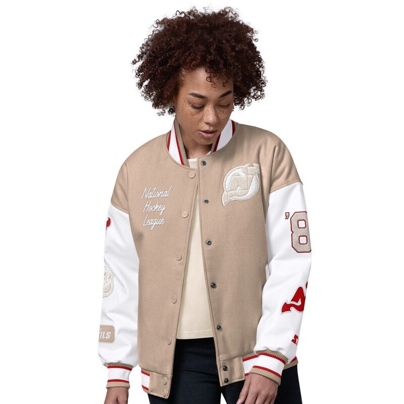 スターター レディース アウター ジャケット・ブルゾン ジャージー Women'starter Natural New Jersey Devils Free Ball Varsity Jacket Nhl Beige ベージュ