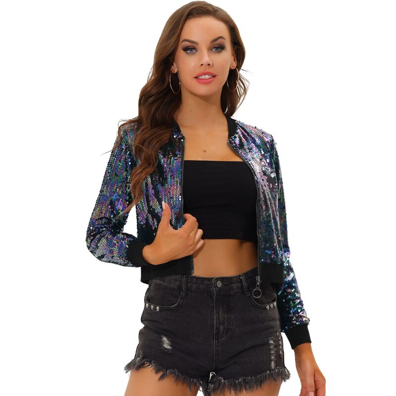 アレグラ ケー レディース アウター 上衣・上衣 スパンコール クロップド ALLEGRA K Women\u0027sequin Party Long Sleeve Zipper Up Cropped Bomber Jacket Black Rainbow 黒いこと