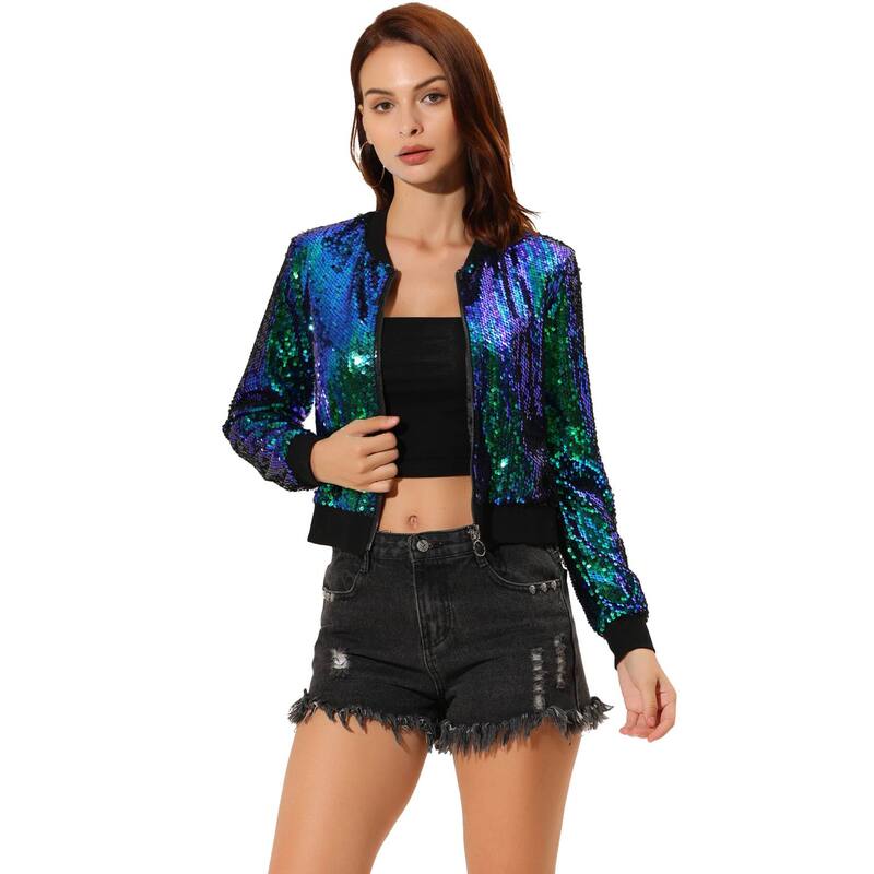 アレグラ ケー レディース アウター 上衣・上衣 スパンコール クロップド ALLEGRA K Women\u0027sequin Party Long Sleeve Zipper Up Cropped Bomber Jacket Green 緑であること