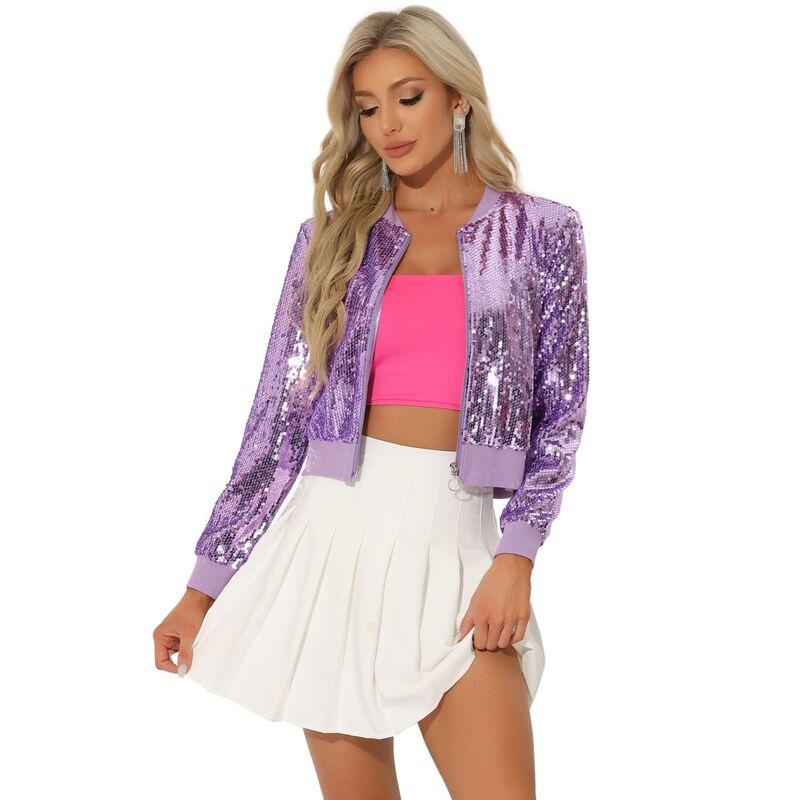 アレグラ ケー レディース アウター 上衣・上衣 スパンコール クロップド ALLEGRA K Women\u0027sequin Party Long Sleeve Zipper Up Cropped Bomber Jacket Light Purple パープル