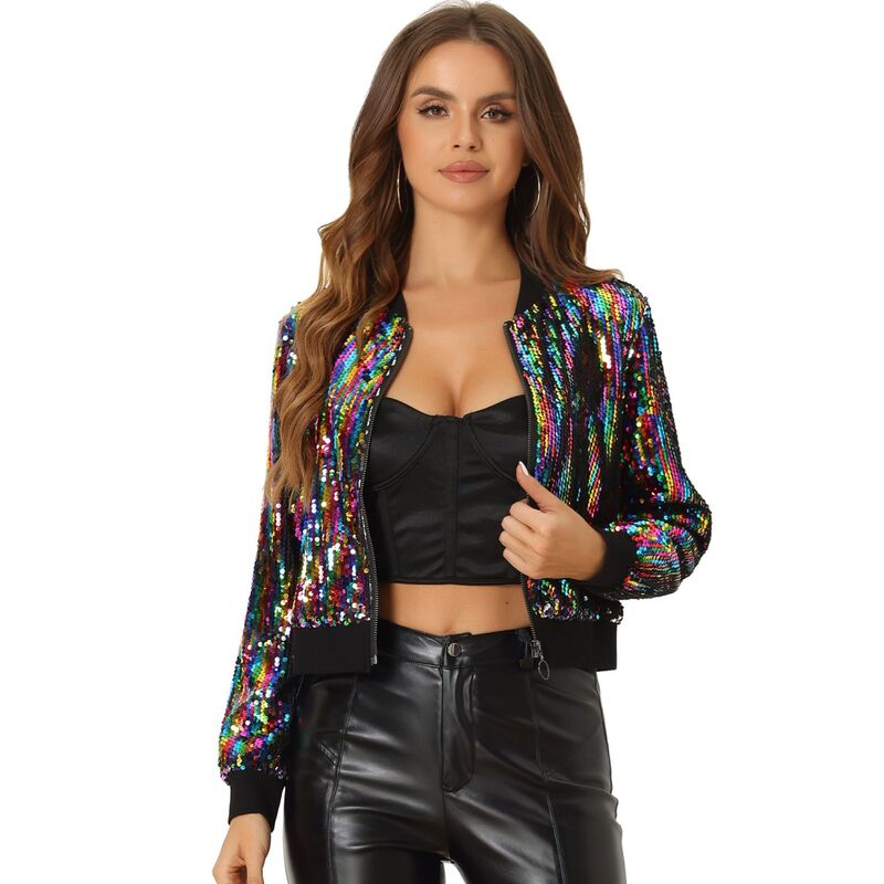 アレグラ ケー レディース アウター 上衣・上衣 スパンコール クロップド ALLEGRA K Women\u0027sequin Party Long Sleeve Zipper Up Cropped Bomber Jacket Multicolor マルチ色つや
