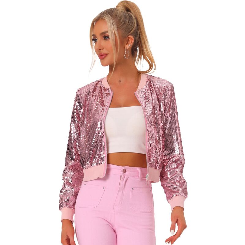 アレグラ ケー レディース アウター 上衣・上衣 スパンコール クロップド ALLEGRA K Women\u0027sequin Party Long Sleeve Zipper Up Cropped Bomber Jacket Pink サクラ色