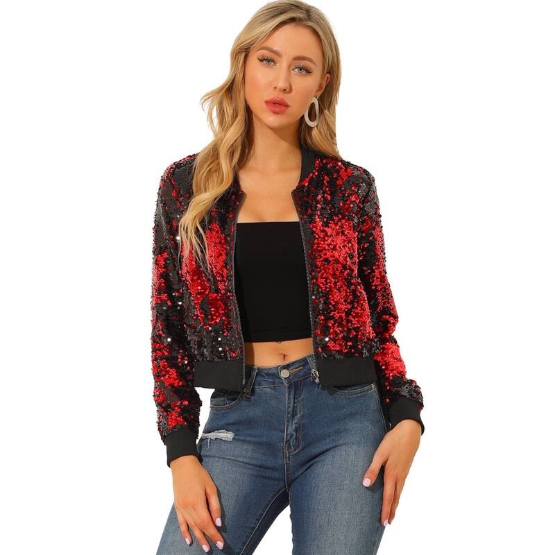 アレグラ ケー レディース アウター 上衣・上衣 スパンコール クロップド ALLEGRA K Women\u0027sequin Party Long Sleeve Zipper Up Cropped Bomber Jacket Red 赤いこと