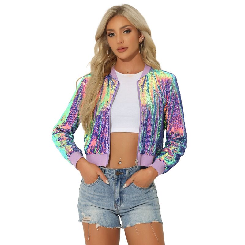 アレグラ ケー レディース アウター 上衣・上衣 スパンコール クロップド ALLEGRA K Women\u0027sequin Party Long Sleeve Zipper Up Cropped Bomber Jacket Shiny Purple パープル