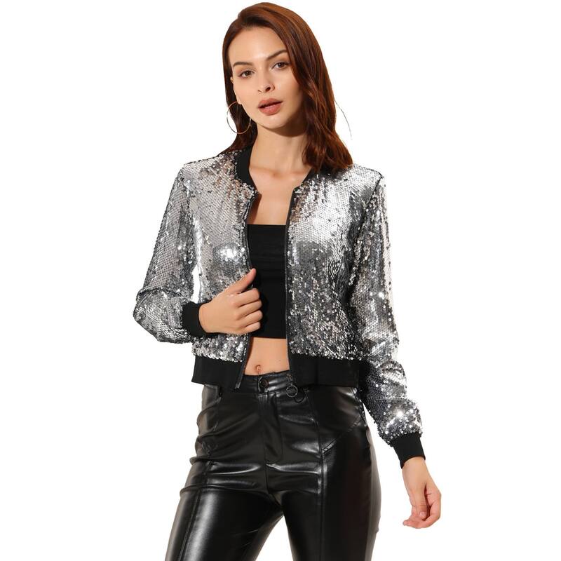 アレグラ ケー レディース アウター 上衣・上衣 スパンコール クロップド ALLEGRA K Women\u0027sequin Party Long Sleeve Zipper Up Cropped Bomber Jacket Silver しろがね色
