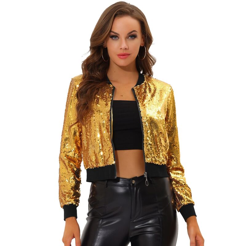 アレグラ ケー レディース アウター 上衣・上衣 スパンコール クロップド ALLEGRA K Women\u0027sequin Party Long Sleeve Zipper Up Cropped Bomber Jacket Yellow 黄色