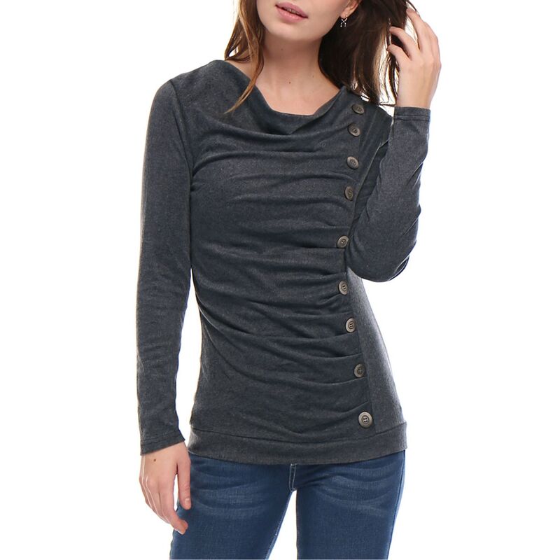 アレグラ ケー レディース トップス シャツ ギャザー ブラウス ALLEGRA K Women's Cowl Neck Buttons Decor Long Sleeves Ruched Blouse Dark Gray グレー