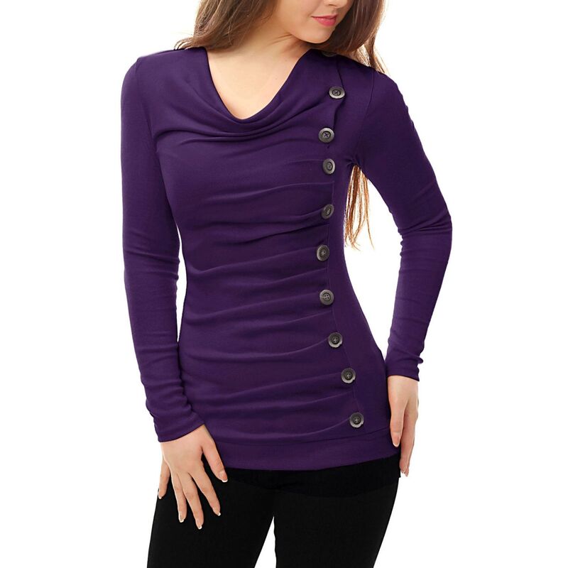 アレグラ ケー レディース トップス シャツ ギャザー ブラウス ALLEGRA K Women Cowl Neck Buttons Decor Long Sleeves Ruched Blouse Purple パープル