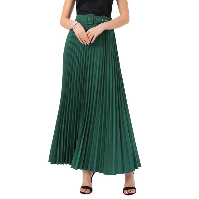 アレグラ ケー レディース ボトムスカート ハイウエスト プリーツ マキシ ALLEGRA K Women's Elastic High Waist Flowy Pleated Maxi Skirt with Belt Dark Green グリーン