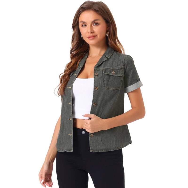 アレグラ ケー レディース トップス シャツ デニム ジャケット ALLEGRA K Women's Denim Jacket Collared Short Sleeve Chest Pocket Button Up Shirt Gray グレー｜ReVida 店