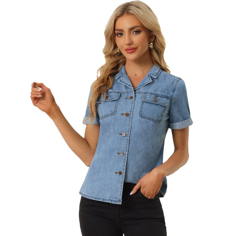 アレグラ ケー レディース トップス シャツ デニム ジャケット ALLEGRA K Women's Denim Jacket Collared Short Sleeve Chest Pocket Button Up Shirt Light Blue ブルー