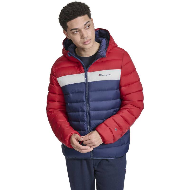 チャンピオン メンズ アウター ジャケット・ブルゾン Men's Champion Lightweight Puffer Jacket withood Midnight Ice Red レッド｜ReVida 店