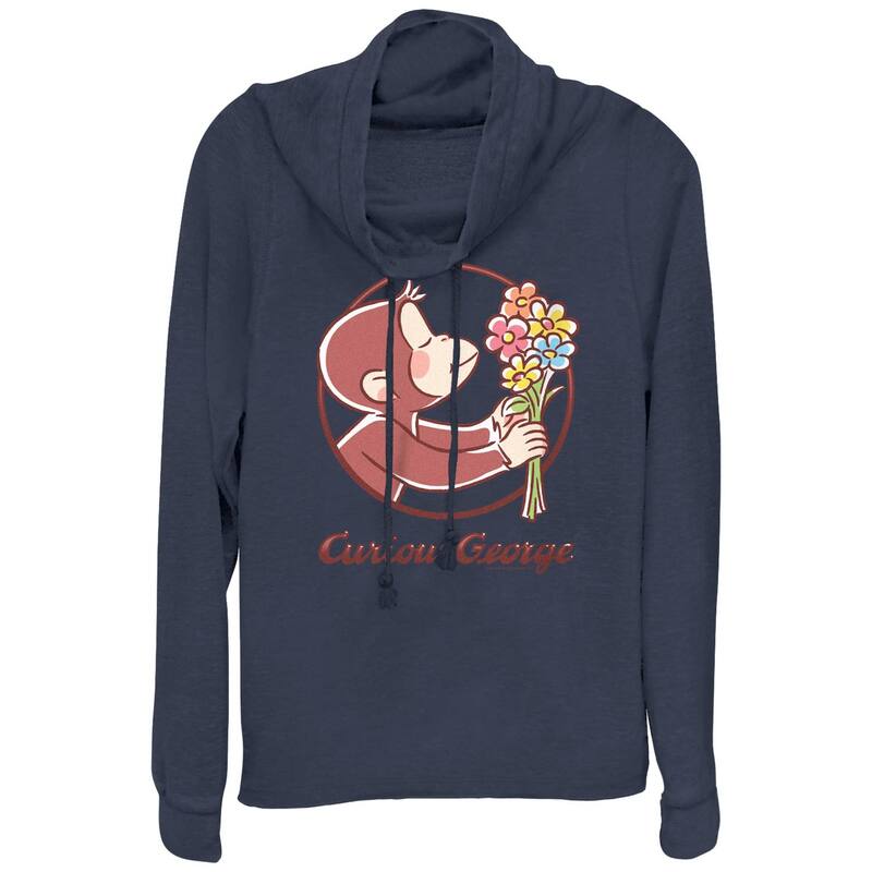アニメ人となり レディース トップス ティーシャツ 付け加える大いさ グラフィック Licensed Character Women\u0027s Curious George Smelling Flowers Plus Cowlneck Graphic Lightweight Long Sleeve Navy 米国海軍 レディースファッション-トップス