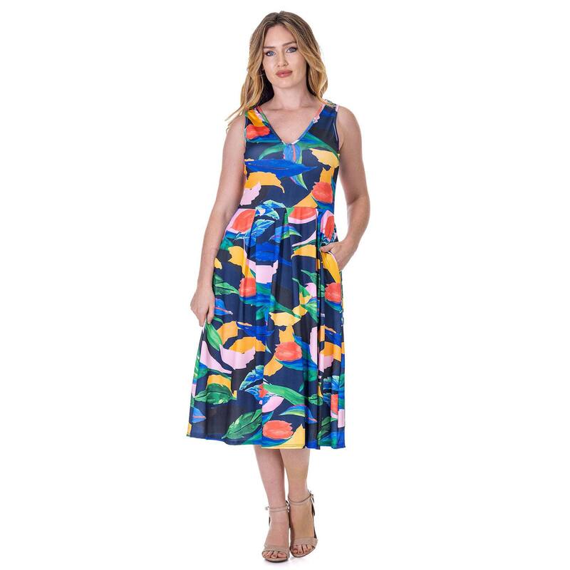 24 セブンコンフォート レディース トップス ワンピース プリーツ プリント ミディ ノースリーブ Women's 24Seven Comfort Apparel Midi Length Geo Print Sleeveless Pleated Pocket Dress Navy Multi ネイビー