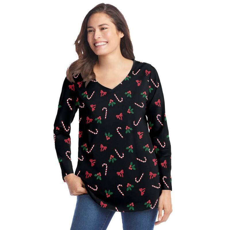 ウーマン ウィズイン レディース トップス Tシャツ Vネック プラスサイズ プリント 長袖 Woman Within Plusize Perfect Printed Long-Sleeve V-Neck Tee Black Mistletoe ブラック｜ReVida 店