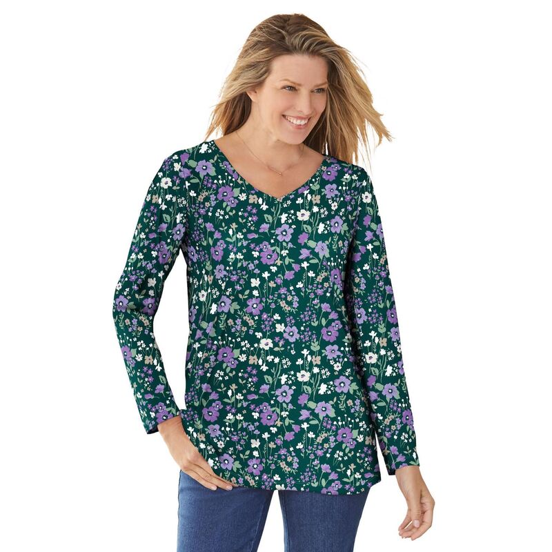 ウーマン ウィズイン レディース トップス Tシャツ Vネック プラスサイズ プリント 長袖 Woman Within Plusize Perfect Printed Long-Sleeve V-Neck Teemerald Green Field グリーン｜ReVida 店