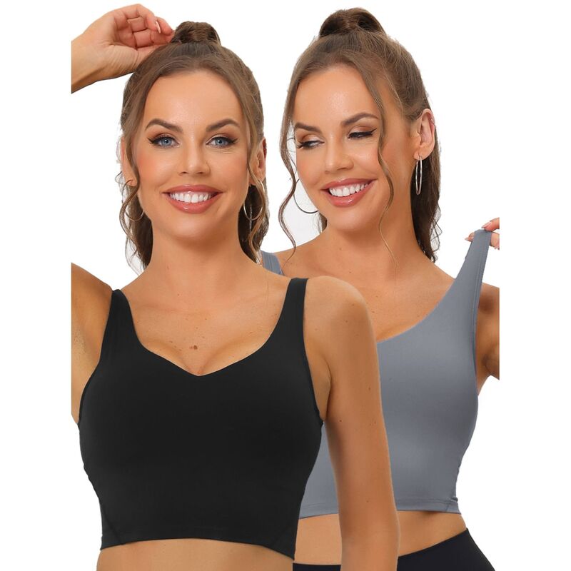 アレグラ ケー レディース アンダーウェア ブラジャー ALLEGRA K 2packs Women's Workout Fitness Longline Wireless Padded Yoga Sports Bra With Medium Support Black Light Gray ブラック