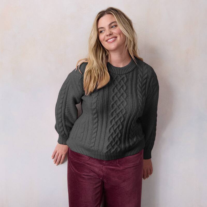 LC Lauren Conrad レディース アウター ニット・セーター クルーネック プラスサイズ Plusize LC Lauren Conrad Crewneck Cable Pullover Sweater Charcoal Grey チャコール|ReVida 店