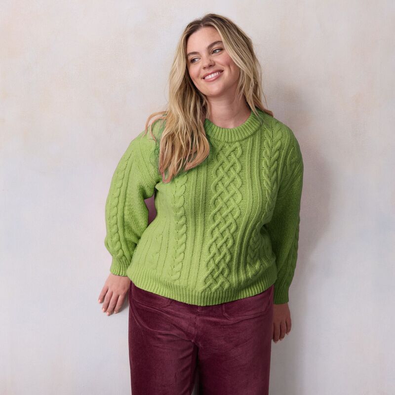 LC Lauren Conrad レディース アウター ニット・セーター クルーネック プラスサイズ Plusize LC Lauren Conrad Crewneck Cable Pullover Sweater Exotic Olive オリーブ|ReVida 店