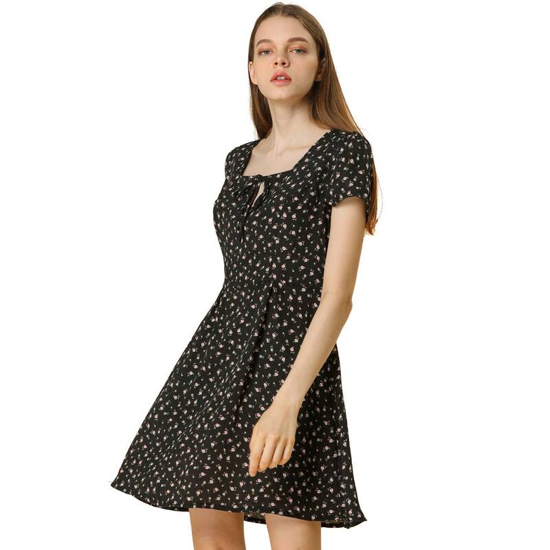 アレグラ ケー レディース トップス ワンピース A ライン フラワー柄 フラワー ALLEGRA K Women's Floral Square Neck Short Sleeve A-Line Prom Dress Black Floral ブラック｜ReVida 店