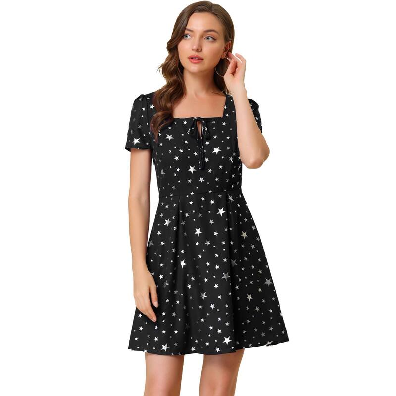 アレグラ ケー レディース トップス ワンピース A ライン フラワー柄 フラワー ALLEGRA K Women Floral Square Neck Short Sleeve A-Line Prom Dress Black Stars ブラック