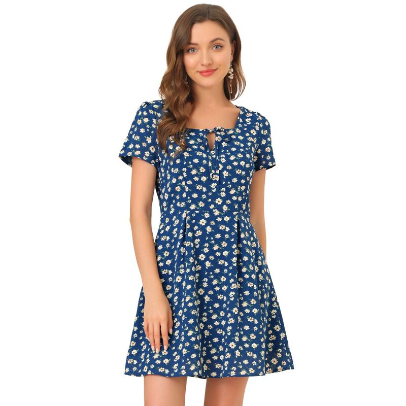 アレグラ ケー レディース トップス ワンピース A ライン フラワー柄 フラワー ALLEGRA K Women Floral Square Neck Short Sleeve A-Line Prom Dress Blue Floral ブルー