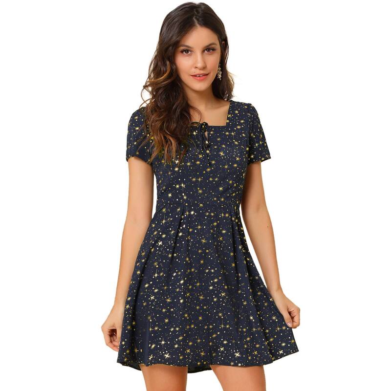 アレグラ ケー レディース トップス ワンピース A ライン フラワー柄 フラワー ALLEGRA K Women's Floral Square Neck Short Sleeve A-Line Prom Dress Blue Stars ブルー|ReVida 店