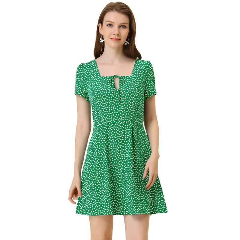 アレグラ ケー レディース トップス ワンピース A ライン フラワー柄 フラワー ALLEGRA K Women Floral Square Neck Short Sleeve A-Line Prom Dress Green Floral グリーン