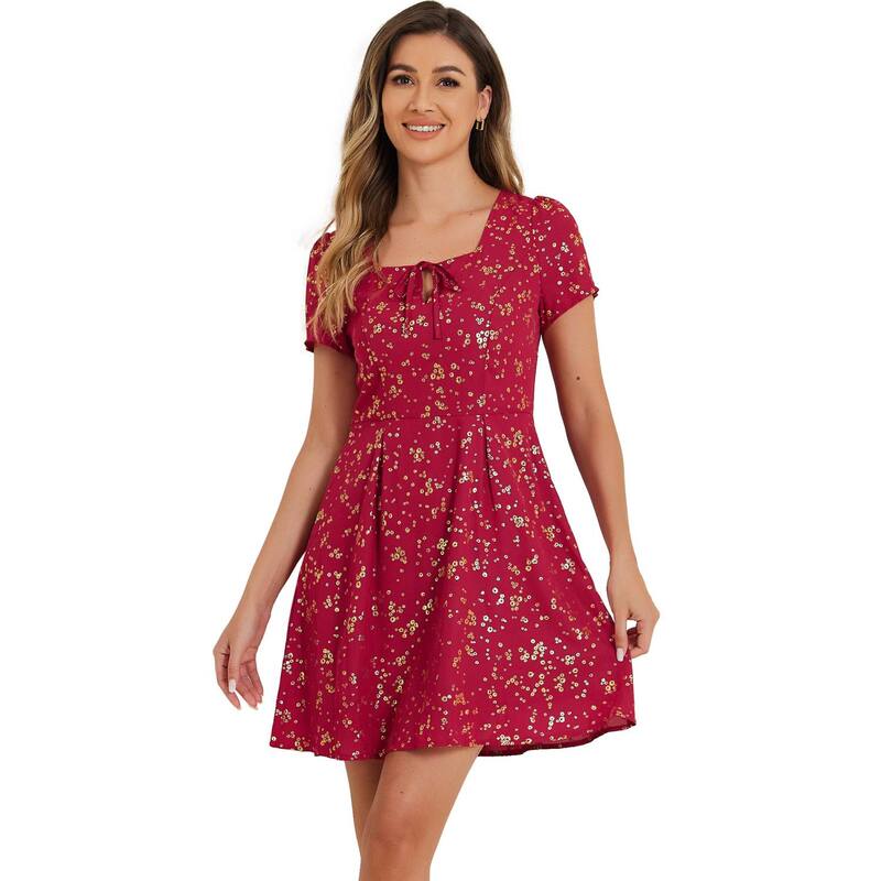 アレグラ ケー レディース トップス ワンピース A ライン フラワー柄 フラワー ALLEGRA K Women Floral Square Neck Short Sleeve A-Line Prom Dress Red Floral レッド