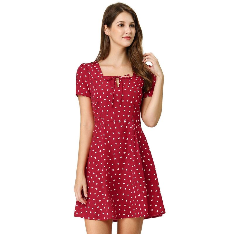 アレグラ ケー レディース トップス ワンピース A ライン フラワー柄 フラワー ALLEGRA K Women Floral Square Neck Short Sleeve A-Line Prom Dress Red Heart レッド