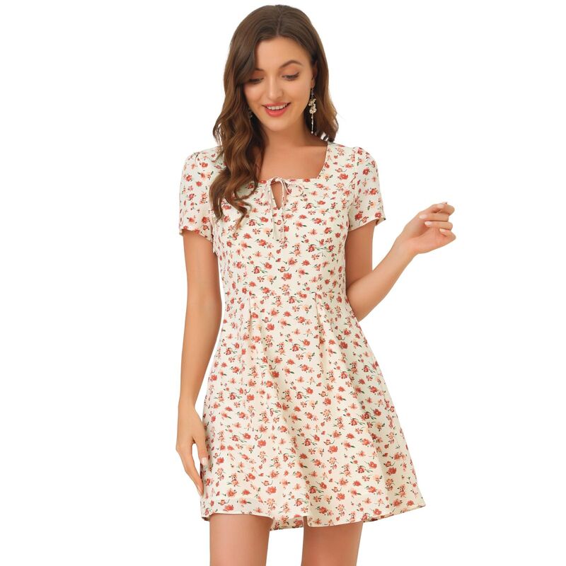 アレグラ ケー レディース トップス ワンピース A ライン フラワー柄 フラワー ALLEGRA K Women Floral Square Neck Short Sleeve A-Line Prom Dress White Floral ホワイト