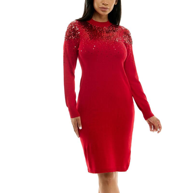 ニナレオナルド レディース トップス ワンピース セーター スパンコール Women Nina Leonard Sequinsweater Dress Red レッド