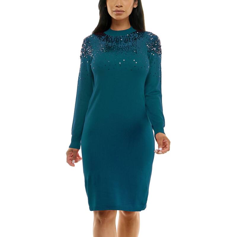 ニナレオナルド レディース トップス ワンピース セーター スパンコール Women Nina Leonard Sequinsweater Dress Teal ティール